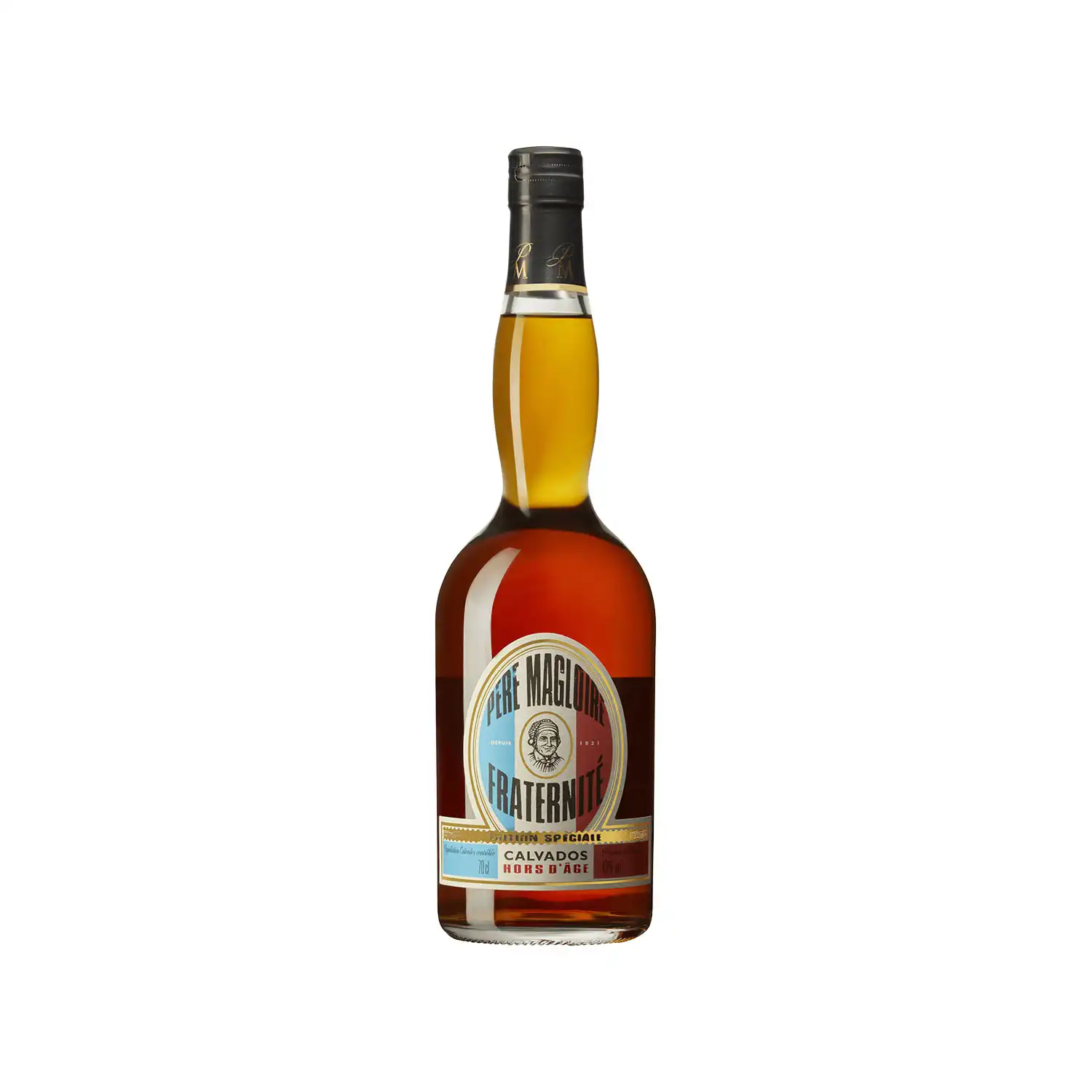 Père Magloire Fraternité Calvados – calvados i smal flaska med blått och guldigt sigill, mörk vätska