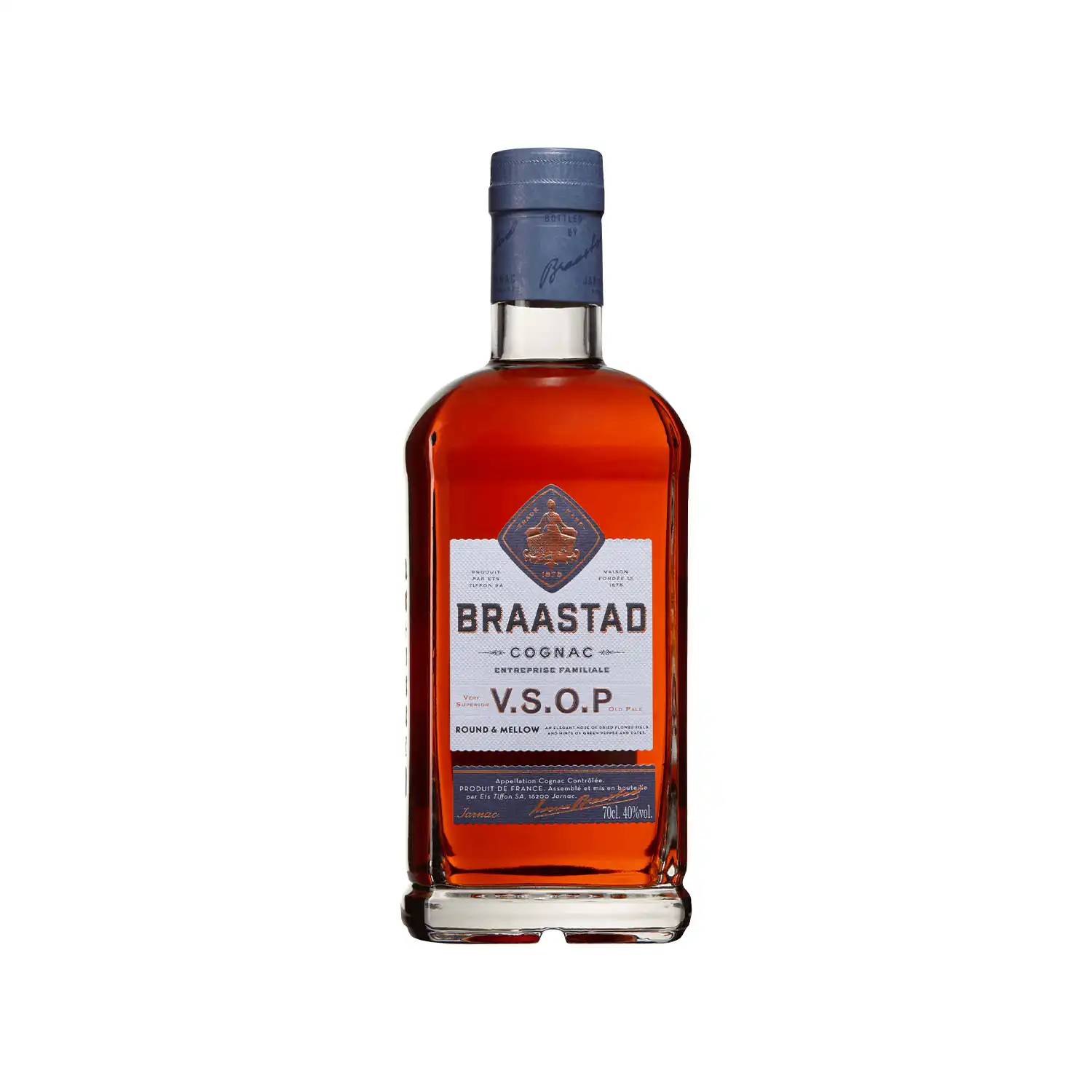 Braastad VSOP – cognac i stilren flaska med blå kork och elegant etikett i traditionell stil