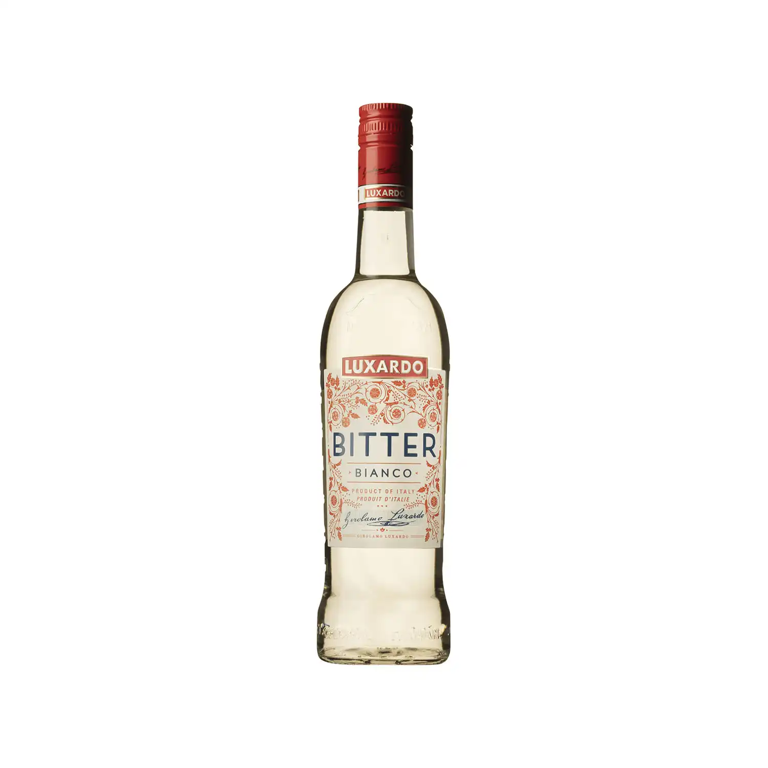 Luxardo Bitter Bianco – aperitiflikör i hög, smal flaska med vit etikett och röda detaljer