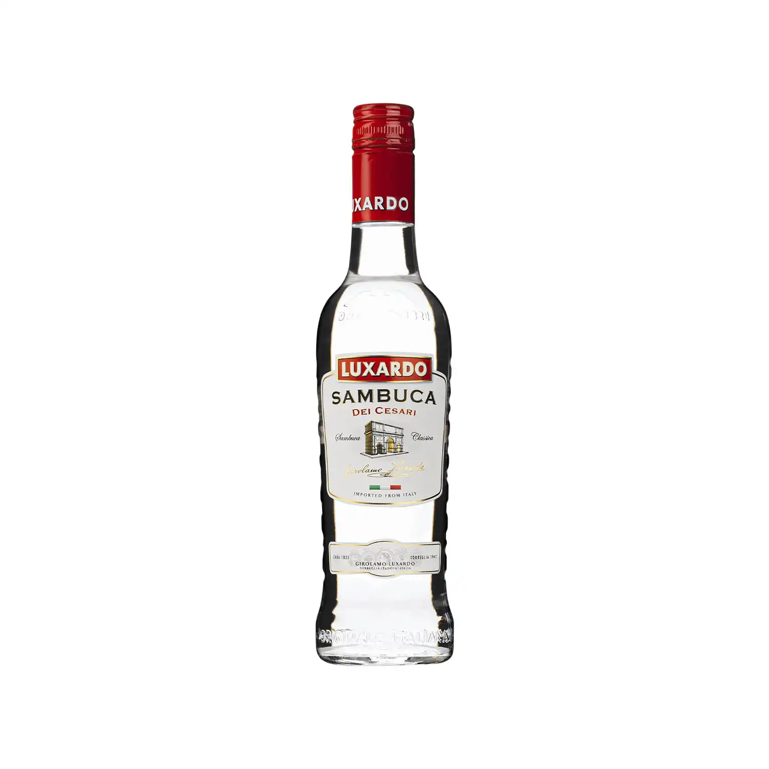 Luxardo Sambuca – anislikör i smal klar flaska med röd kapsyl