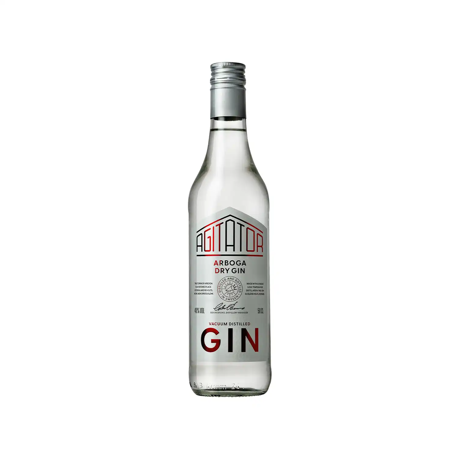 Agitator Arboga Dry Gin – Grapefrukt i hög smal flaska med vit etikett och metallkork