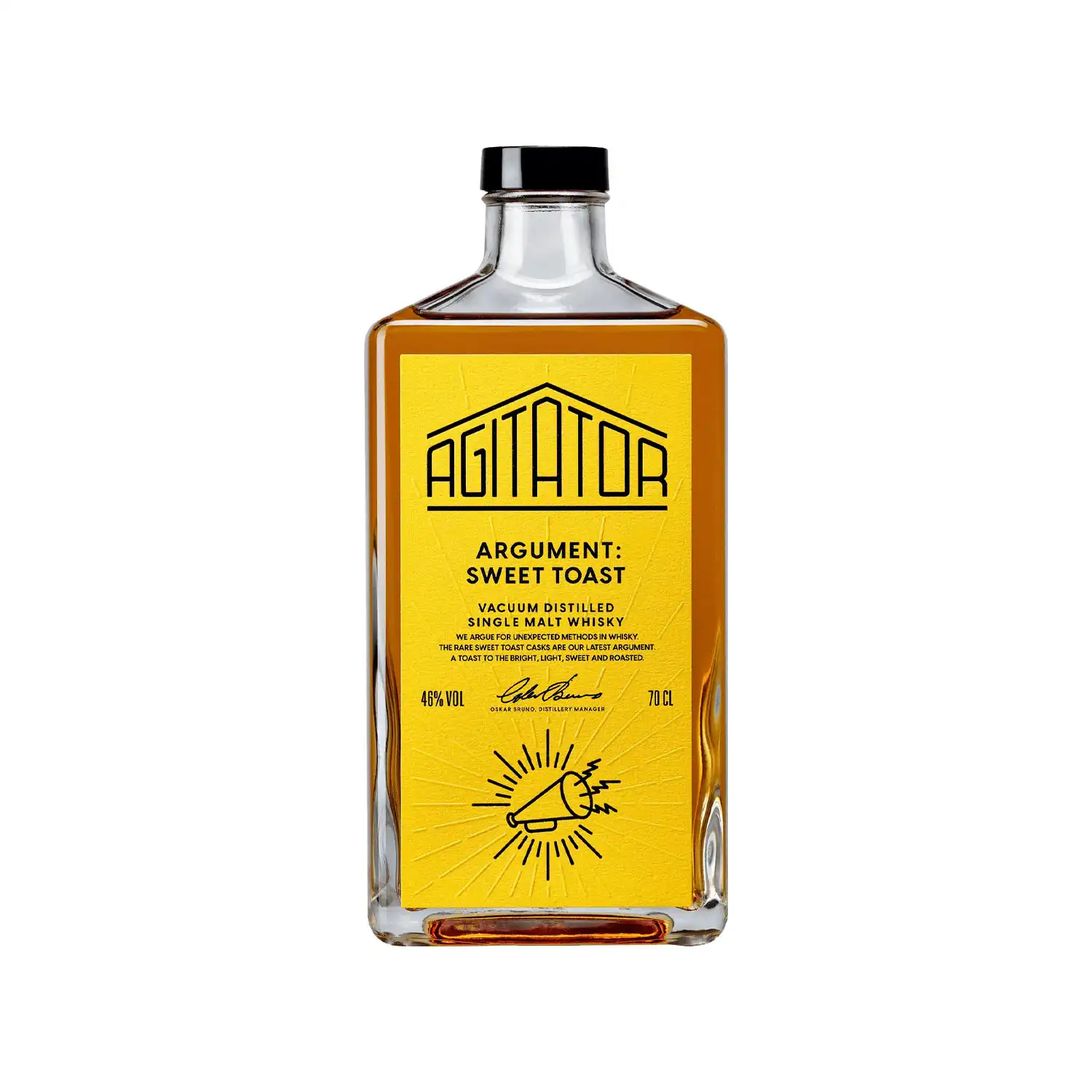 Agitator Argument Sweet Toast – svensk whisky i fyrkantig flaska med gul etikett