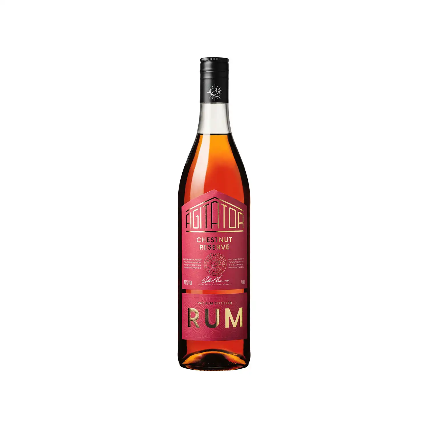 Agitator Chestnut Reserve – svensk rom i rund hög flaska med röd etikett