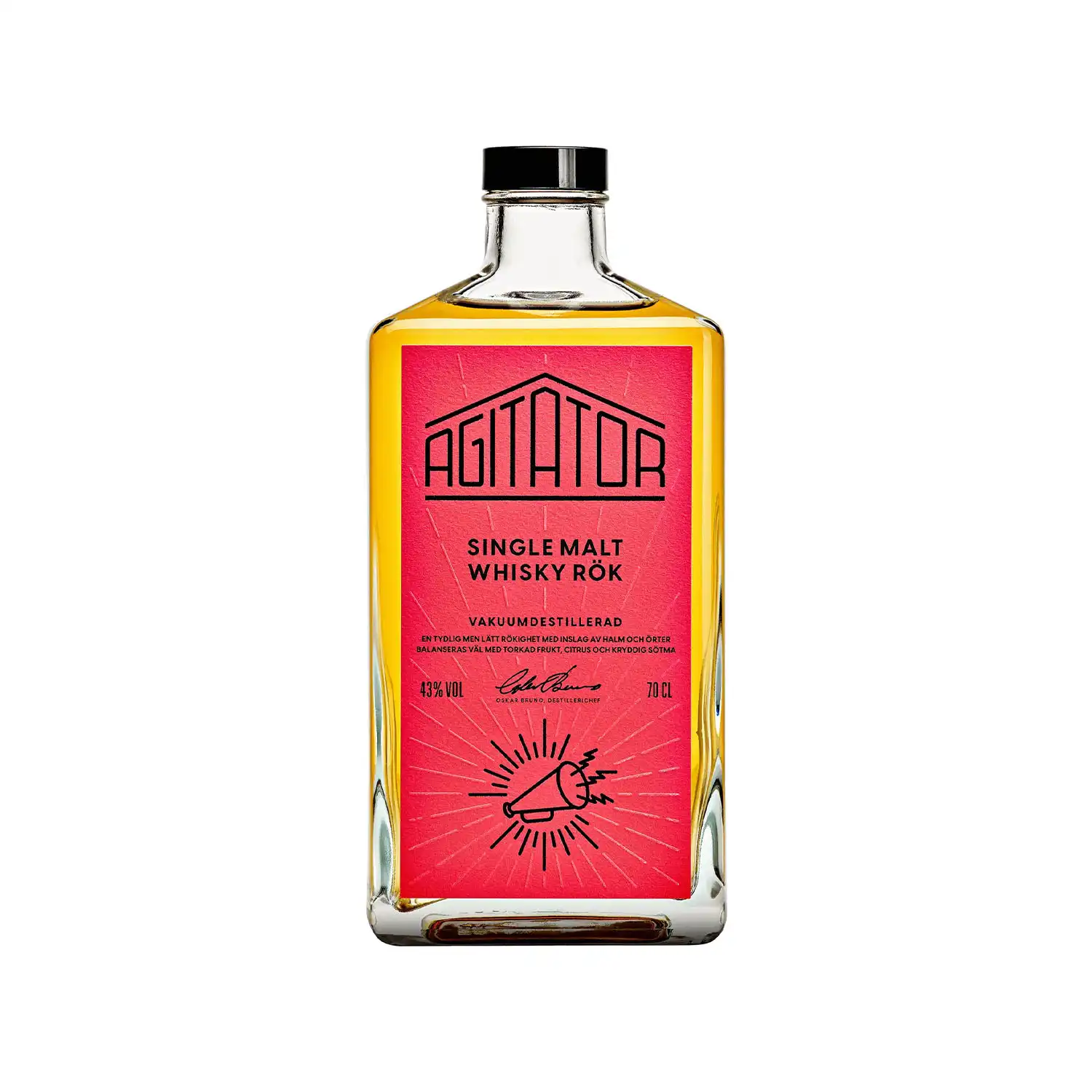 Agitator Single Malt Rök – svensk rökig whisky i kantig flaska med röd etikett och svart kork