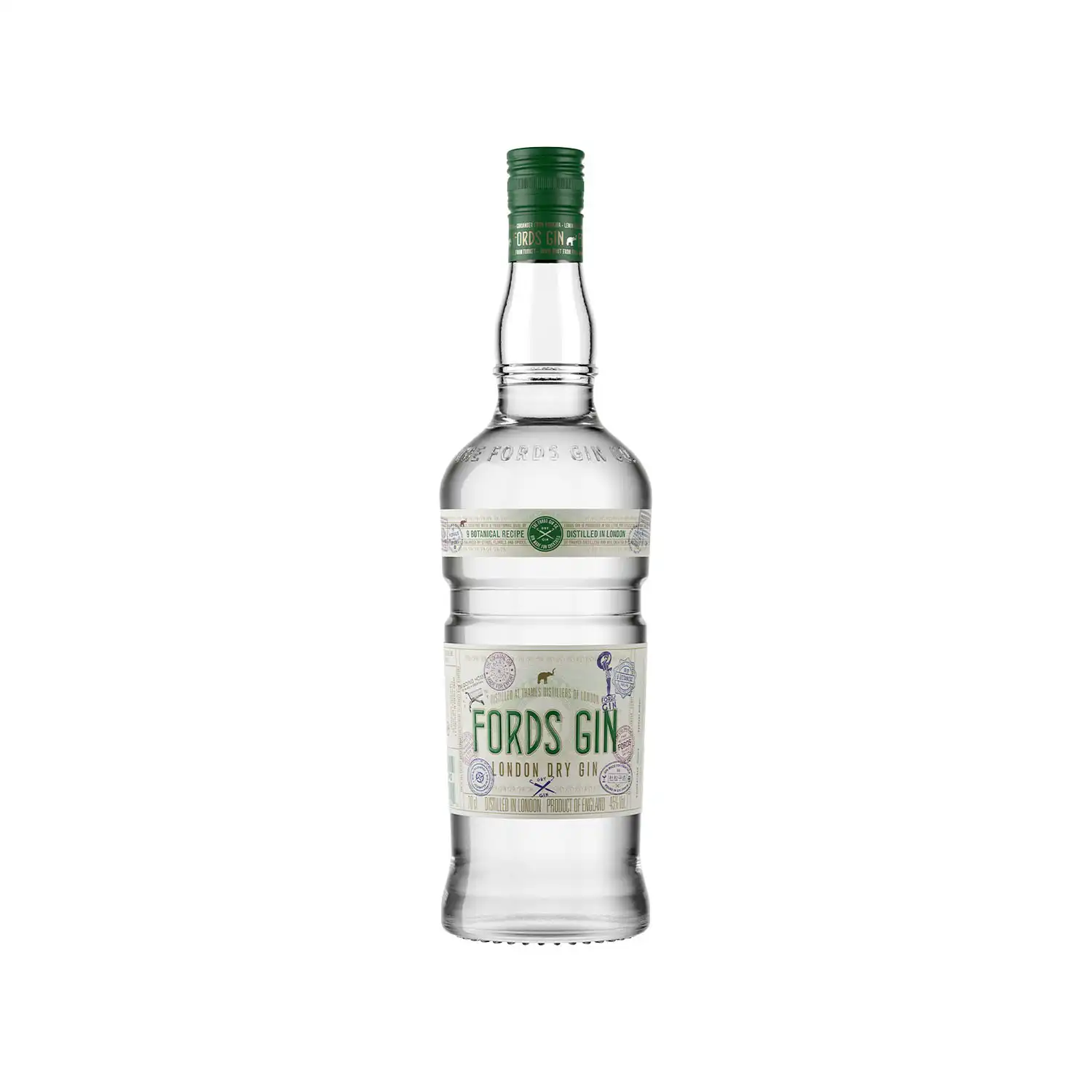 Fords Gin London Dry – klassisk brittisk gin i klar flaska med grönvit etikett