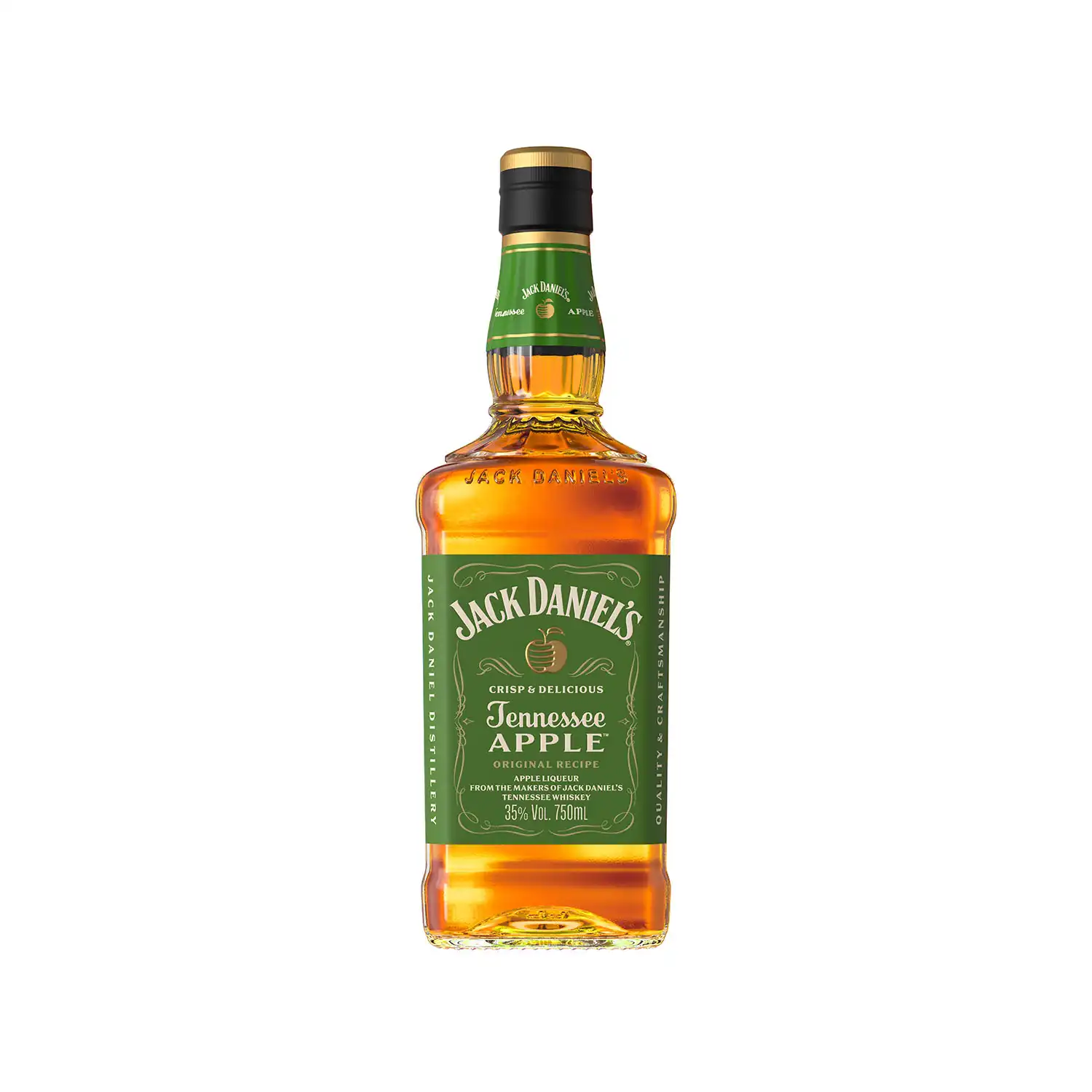 Jack Daniel’s Tennessee Apple – äppellikör med grön kapsyl och klassisk etikett i hög flaskform