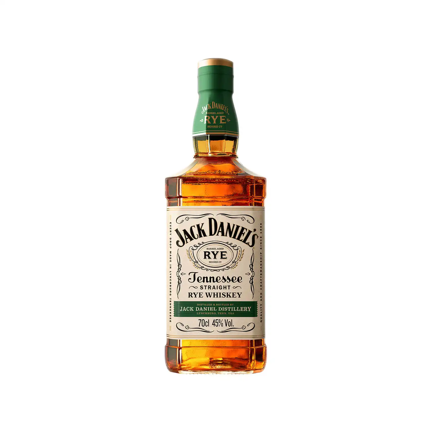 Jack Daniel’s Tennessee Rye – straight rye whiskey med grön kapsyl och klassisk etikett i hög flaskform